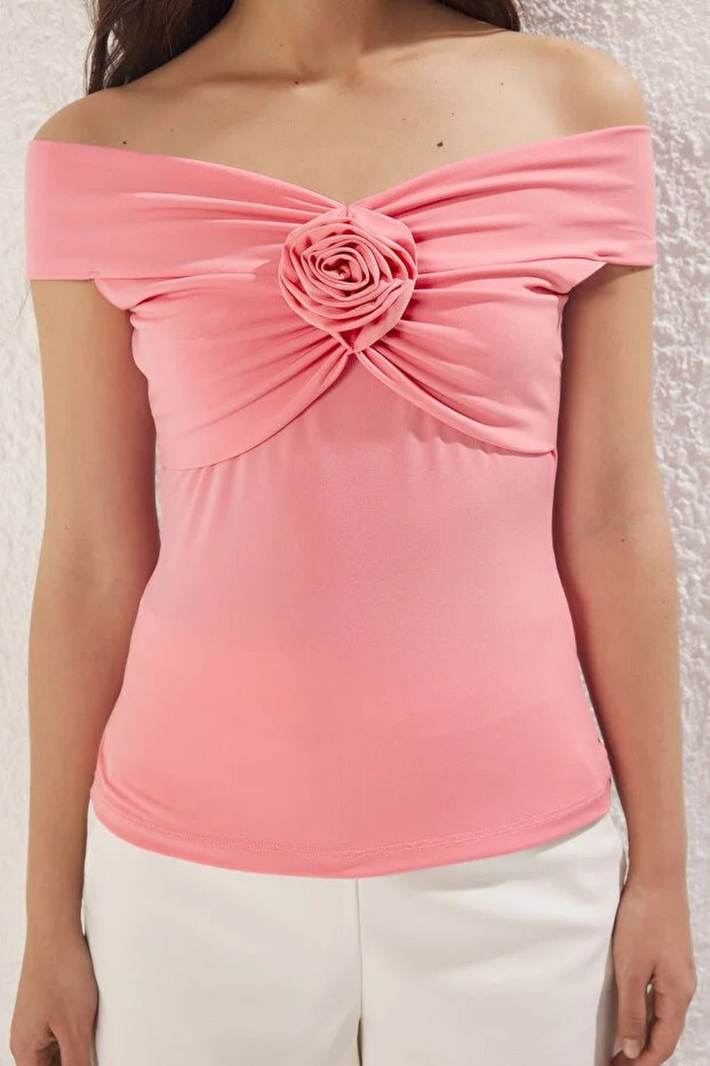 Fitted Stretch Knit Blouse with Rose Detail