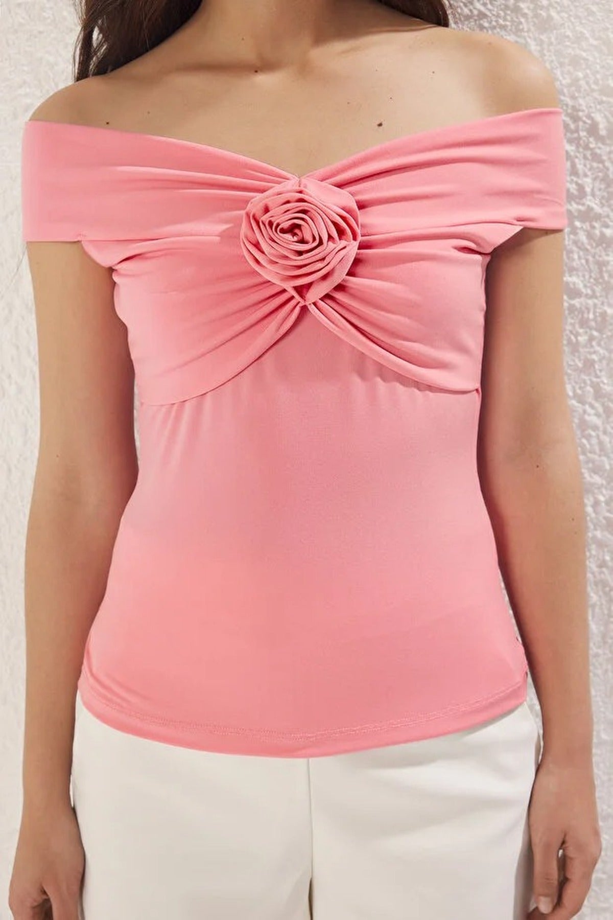 Fitted Stretch Knit Blouse with Rose Detail