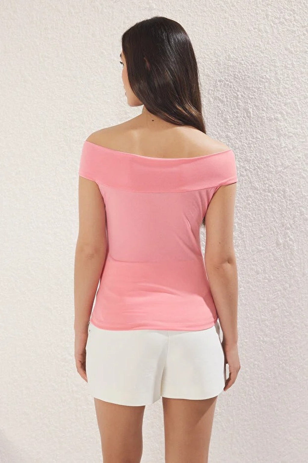 Fitted Stretch Knit Blouse with Rose Detail