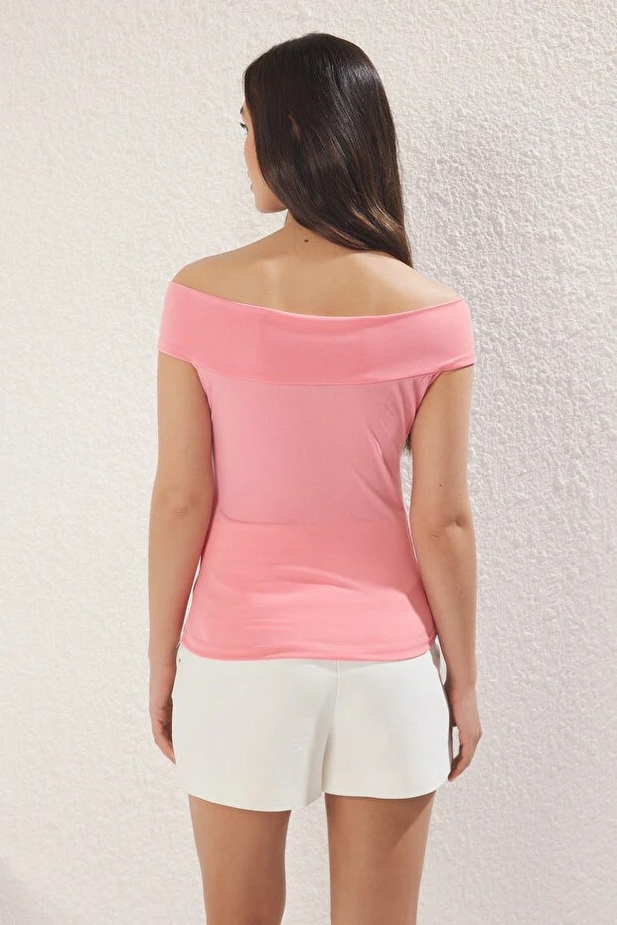 Fitted Stretch Knit Blouse with Rose Detail