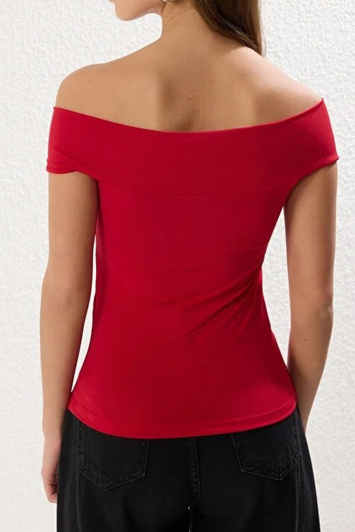 Fitted Stretch Knit Blouse with Rose Detail