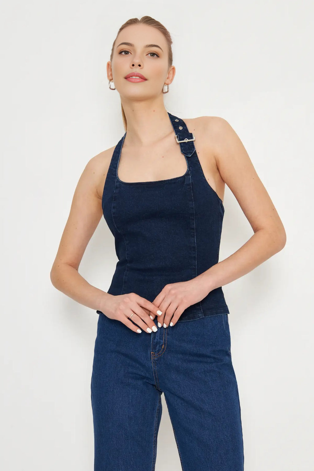 Halter Neck Denim Blouse with Belt Buckle Detail