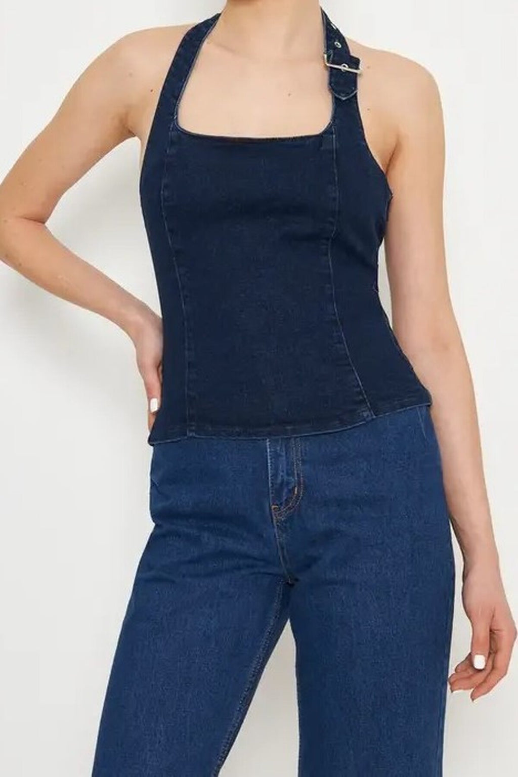 Halter Neck Denim Blouse with Belt Buckle Detail