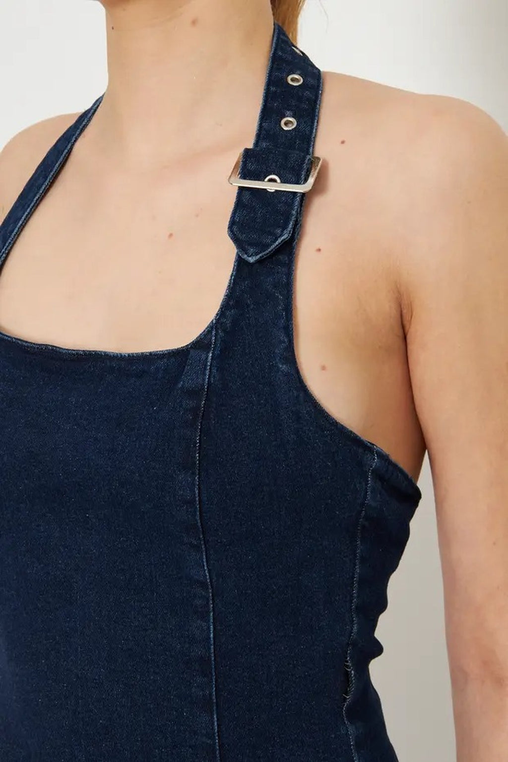 Halter Neck Denim Blouse with Belt Buckle Detail