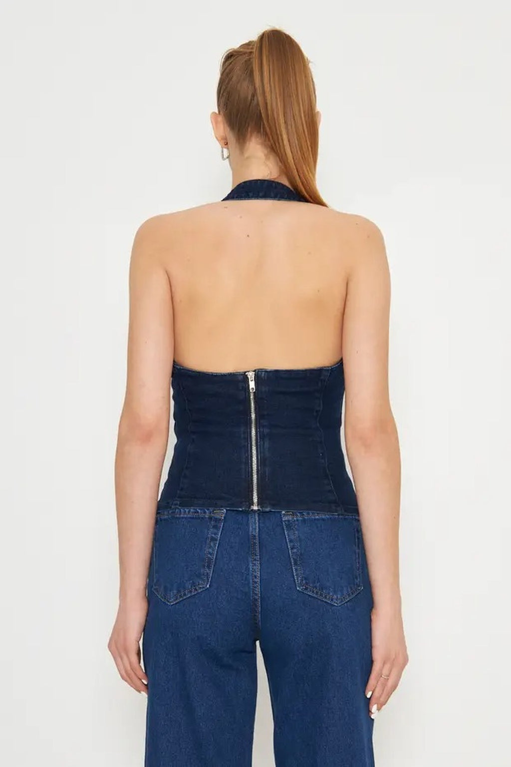 Halter Neck Denim Blouse with Belt Buckle Detail
