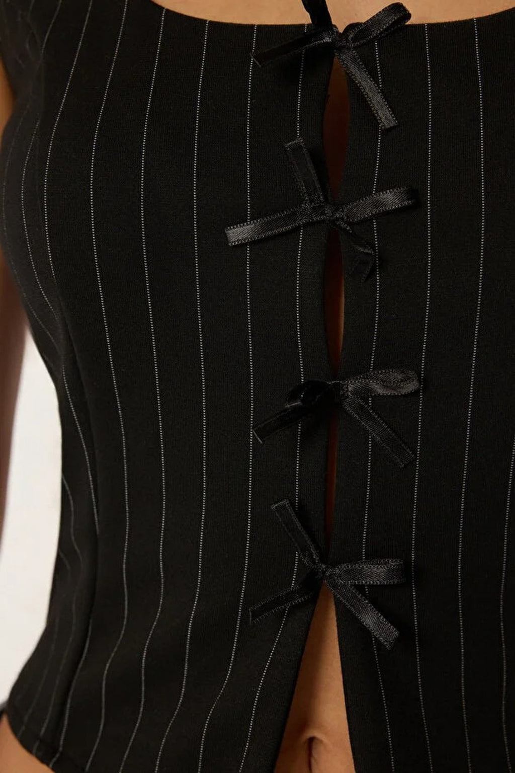 Striped Ribbon Tie Detail Fitted Square Neck Knitted Blouse
