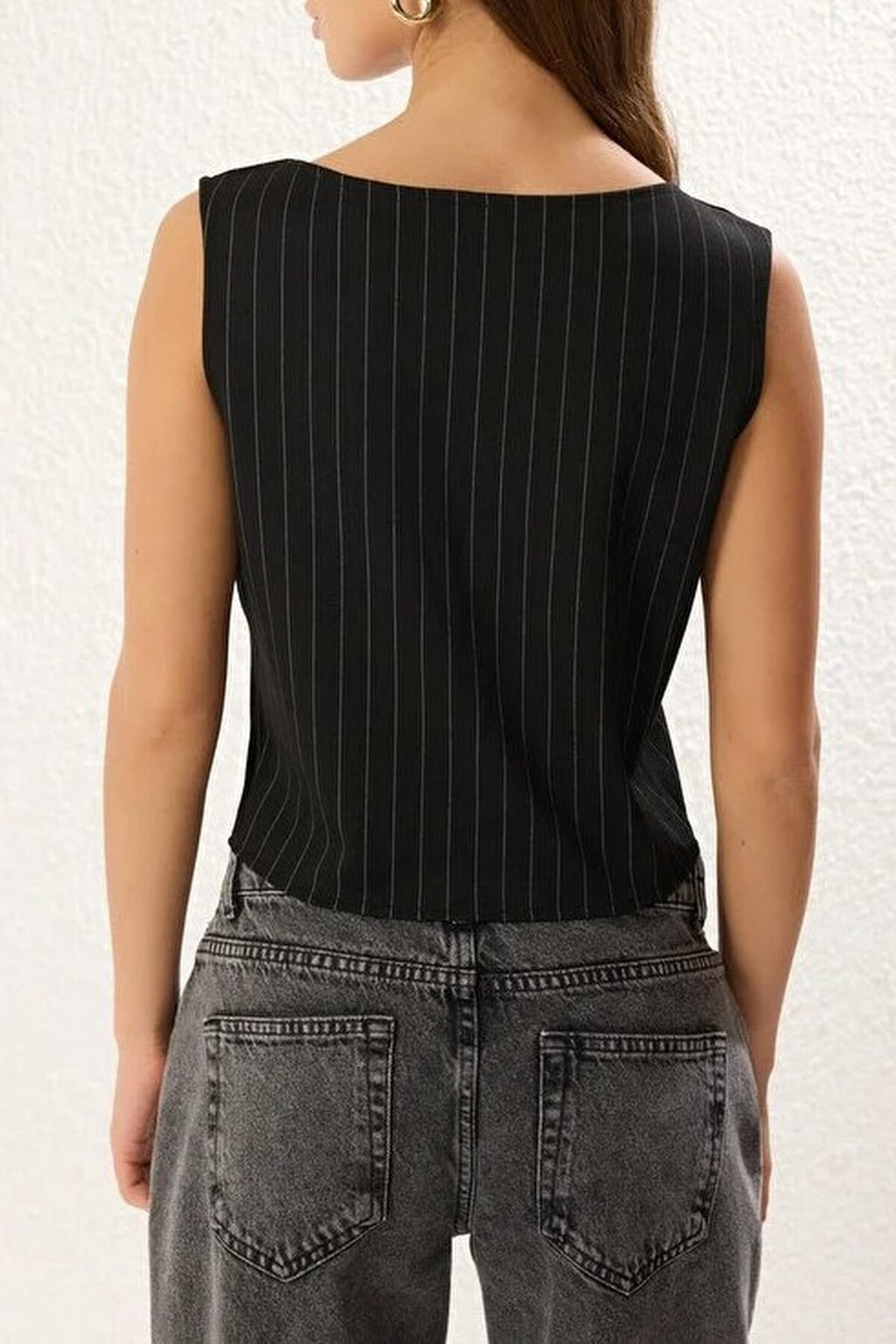 Striped Ribbon Tie Detail Fitted Square Neck Knitted Blouse