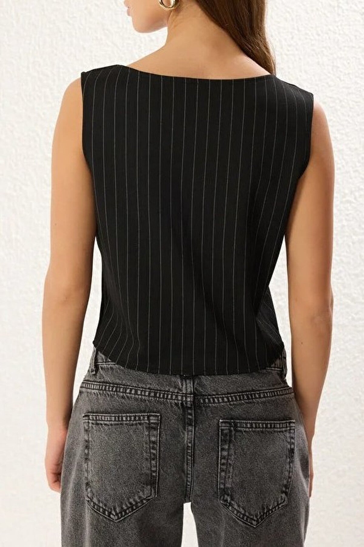 Striped Ribbon Tie Detail Fitted Square Neck Knitted Blouse