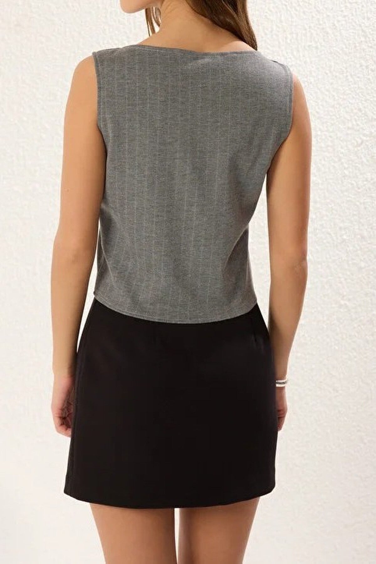 Striped Ribbon Tie Detail Fitted Square Neck Knitted Blouse