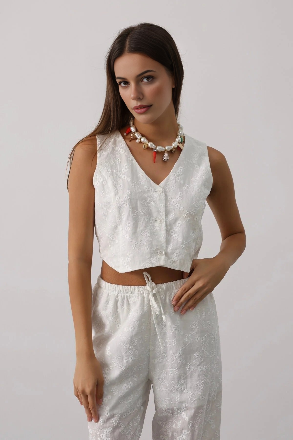 V-Neck Crop Embroidered Woven Vest
