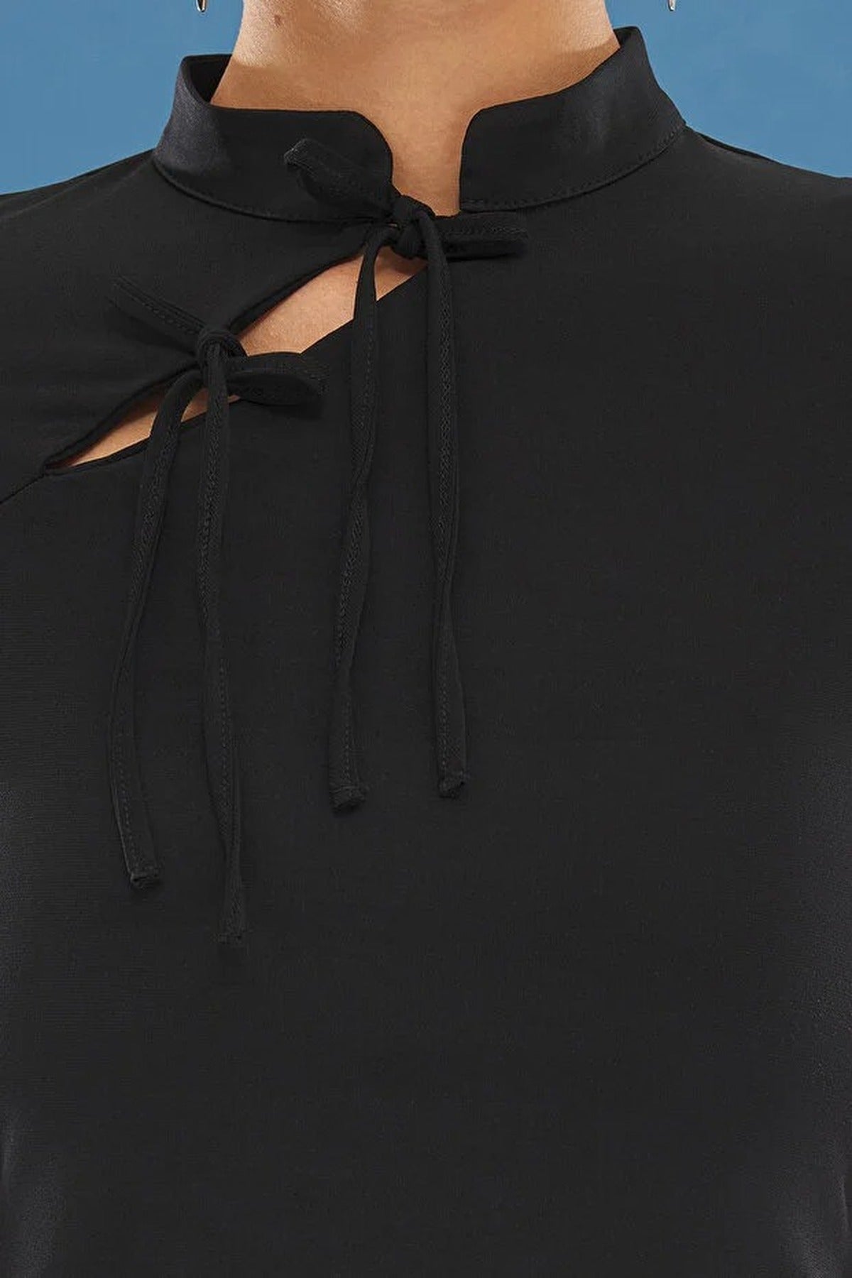 High Neck Tie Detail Fitted Long Sleeve Blouse