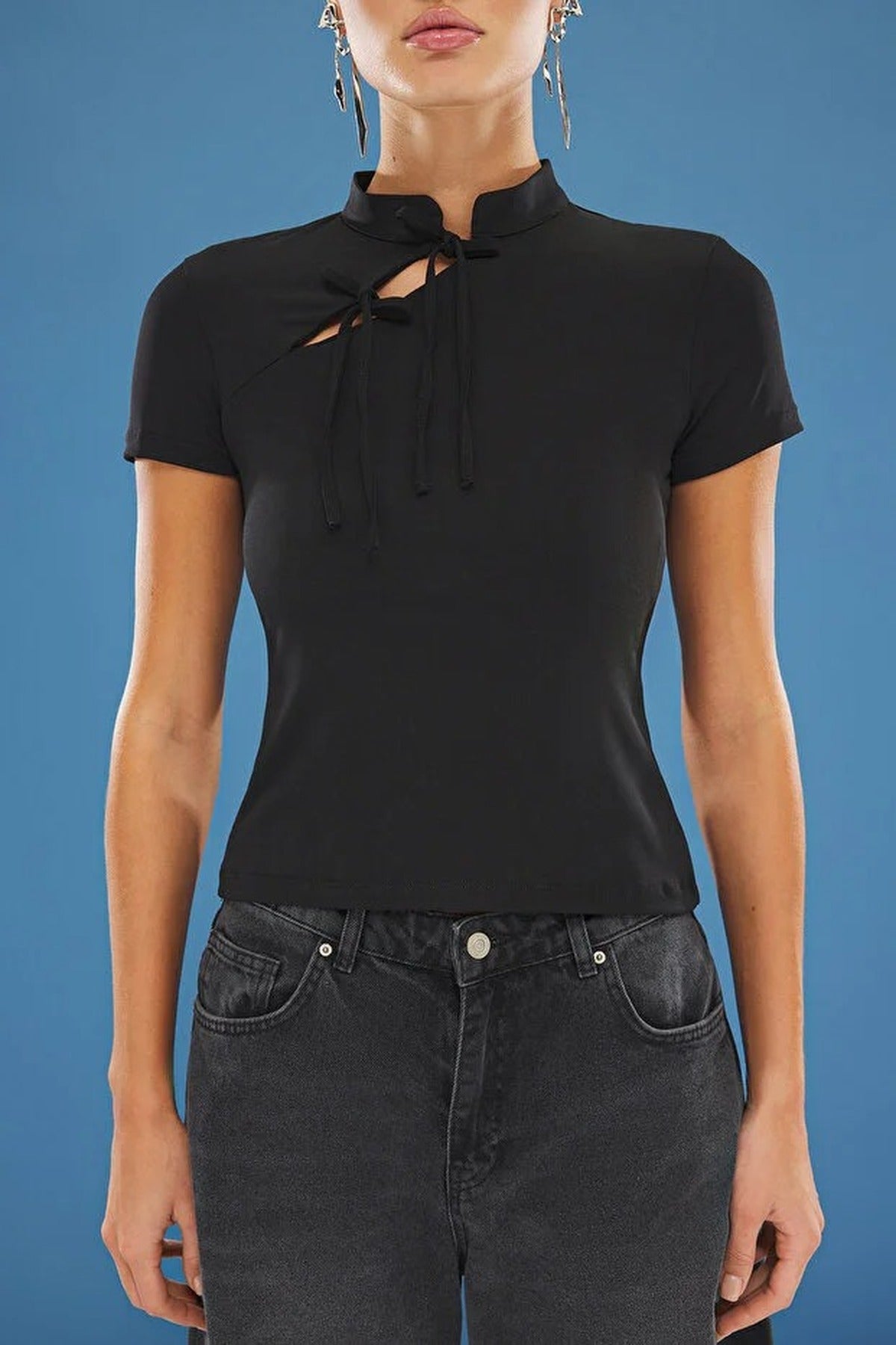 High Neck Tie Detail Fitted Long Sleeve Blouse