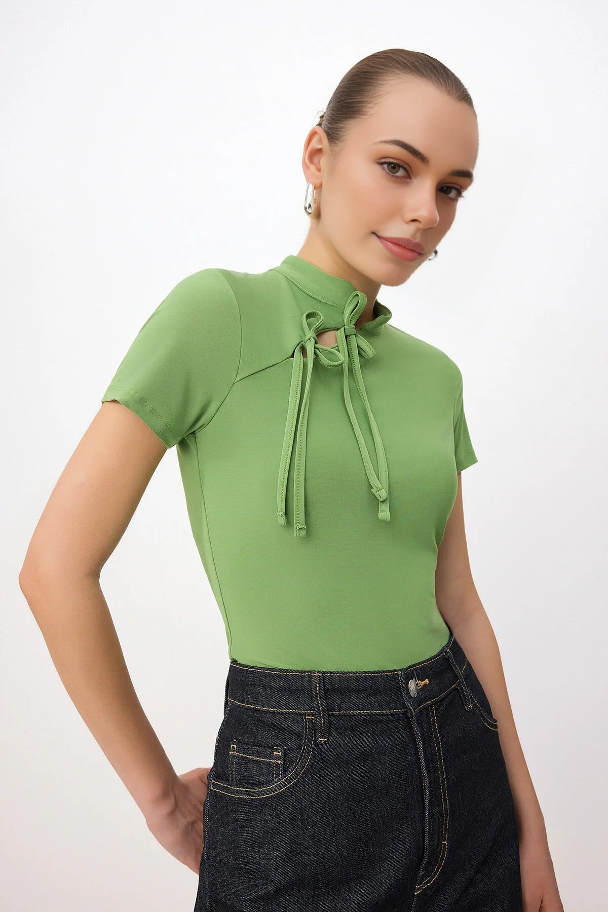 High Neck Tie Detail Fitted Long Sleeve Blouse