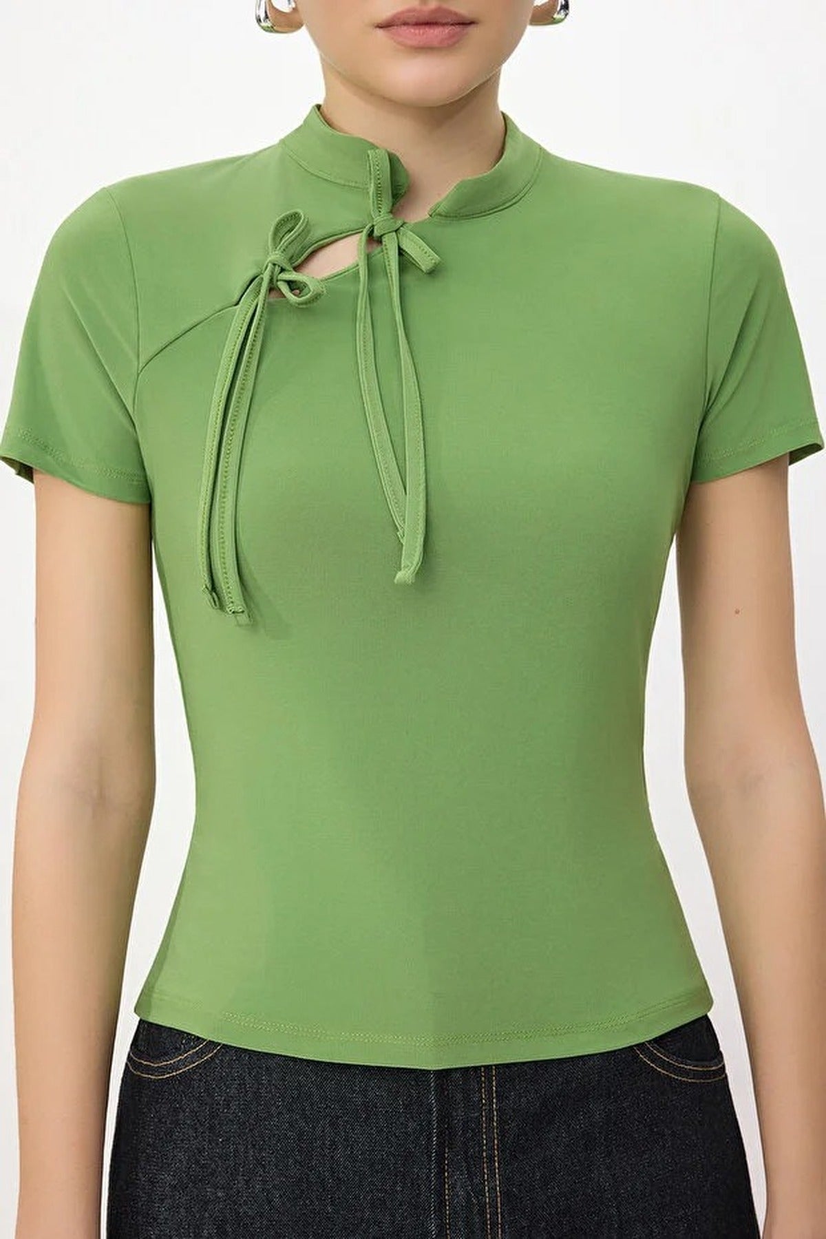 High Neck Tie Detail Fitted Long Sleeve Blouse