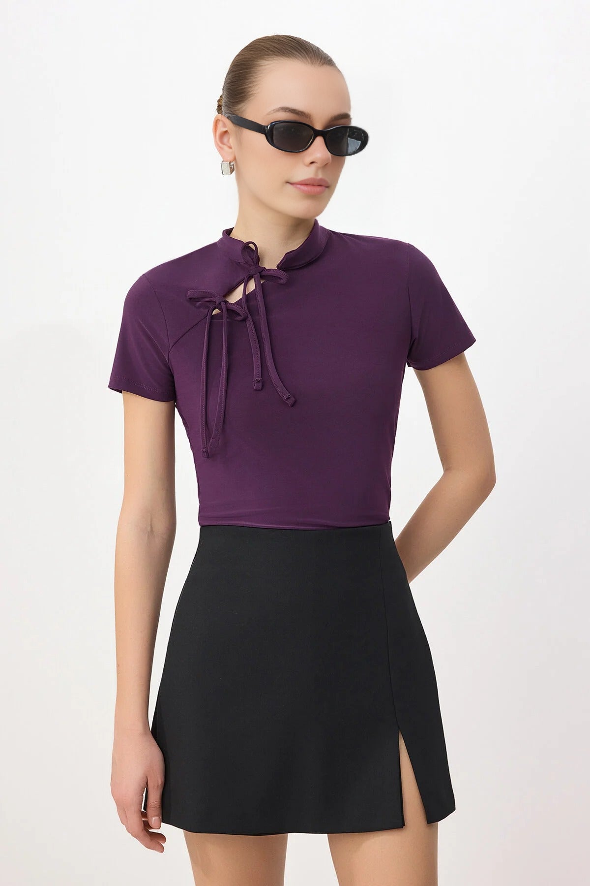 High Neck Tie Detail Fitted Long Sleeve Blouse