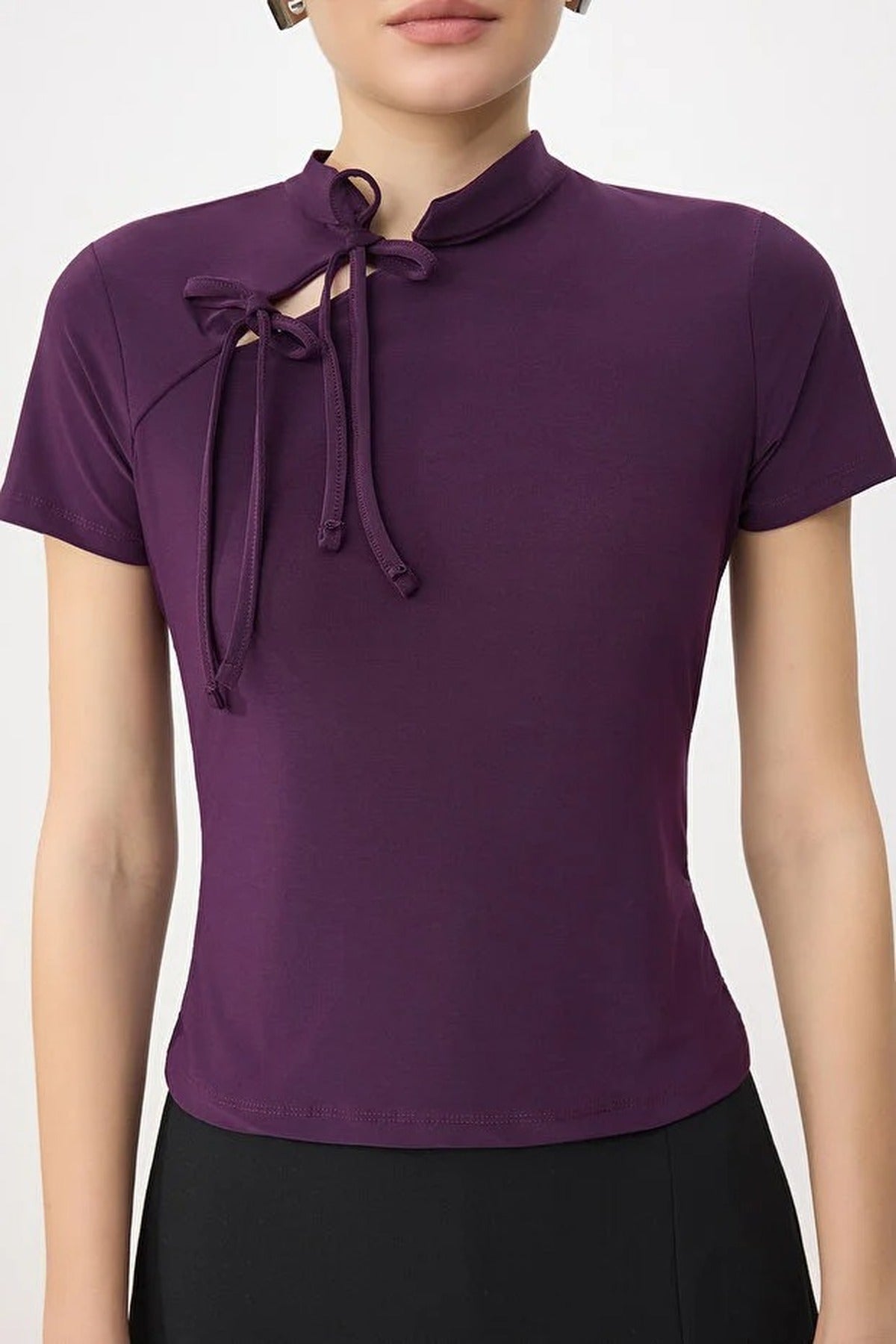 High Neck Tie Detail Fitted Long Sleeve Blouse