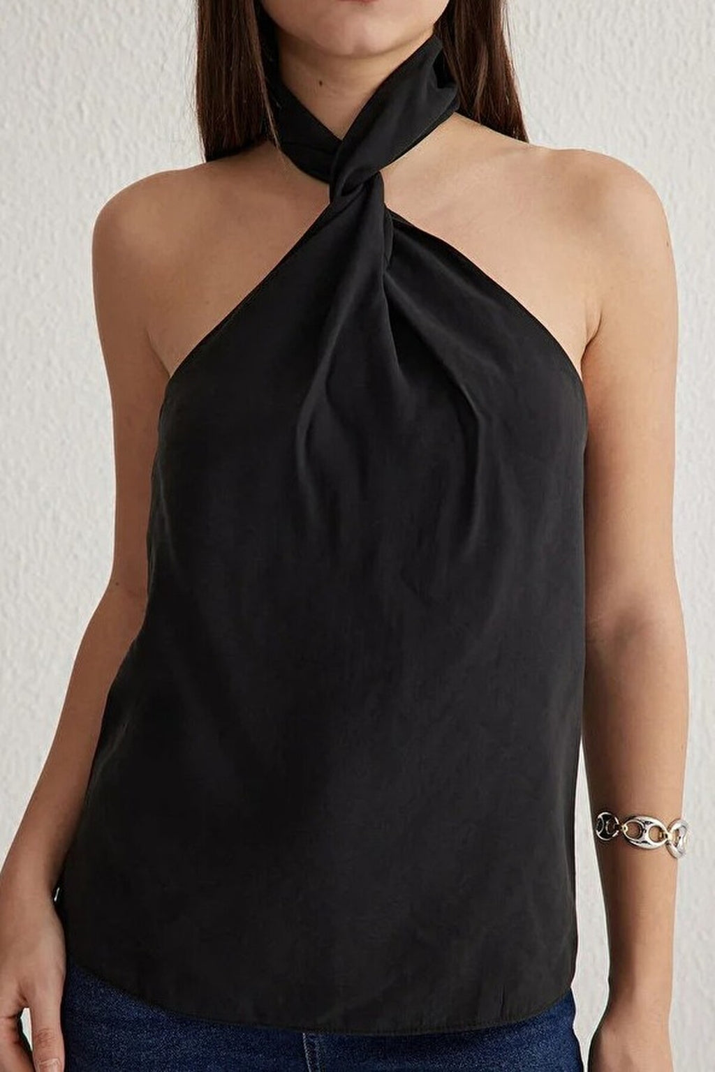 Halter Neck Knotted Woven Blouse