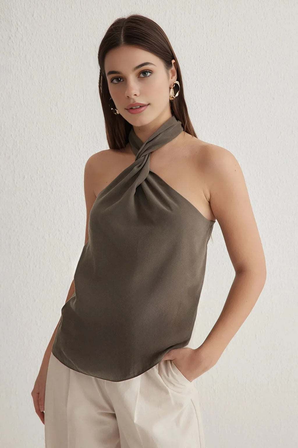 Halter Neck Knotted Woven Blouse