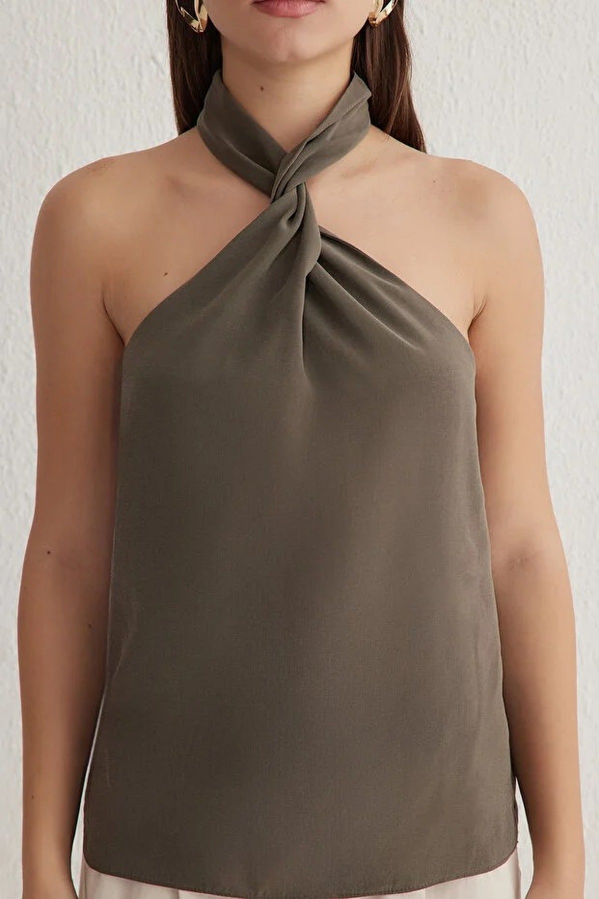 Halter Neck Knotted Woven Blouse