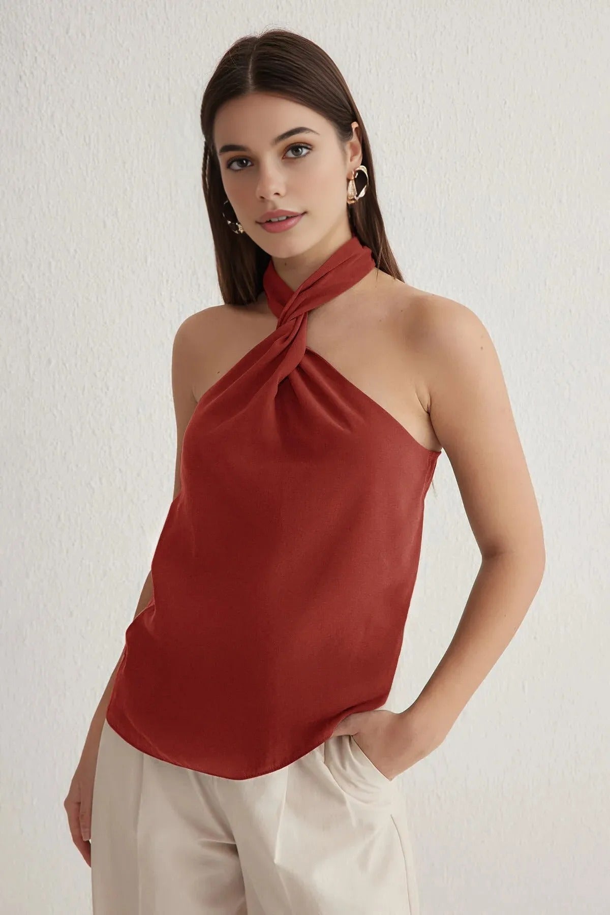 Halter Neck Knotted Woven Blouse