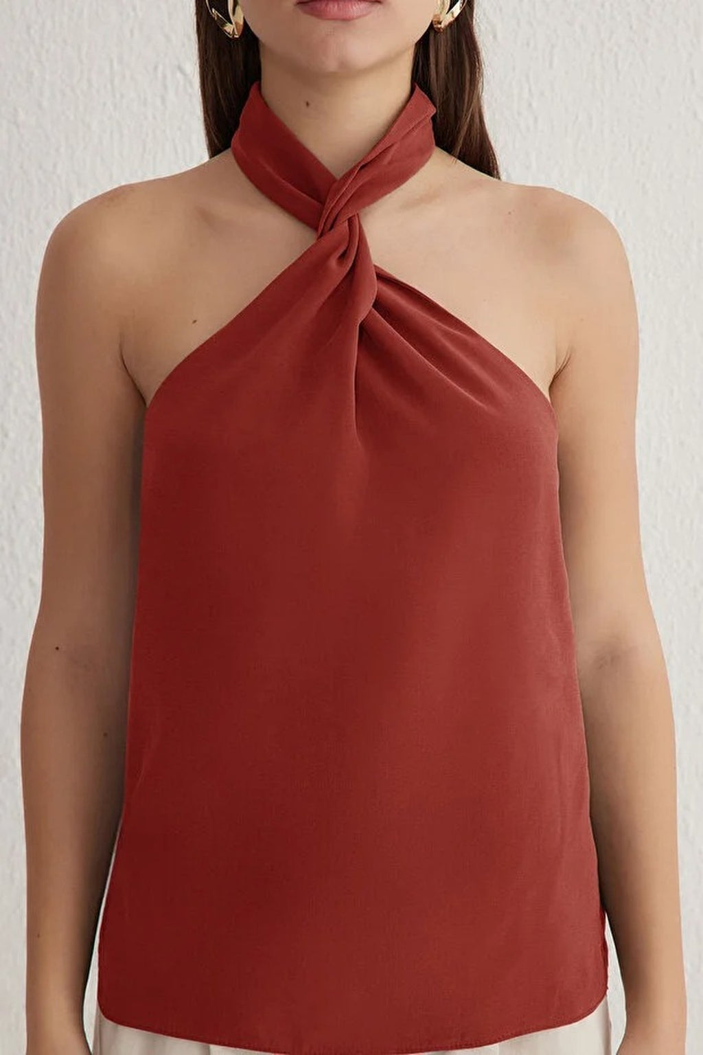Halter Neck Knotted Woven Blouse