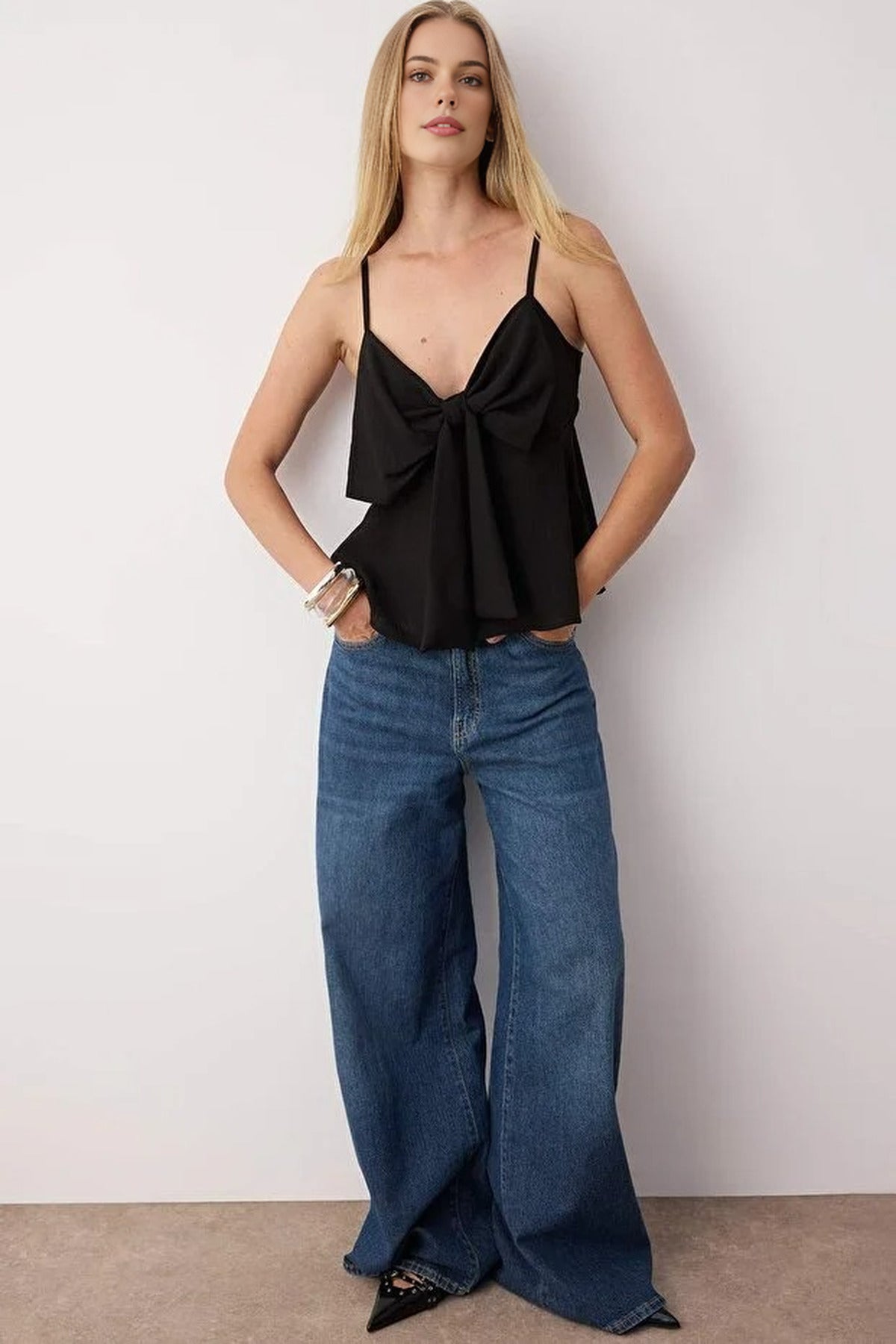 Linen-Look Woven Blouse with Bow Detail