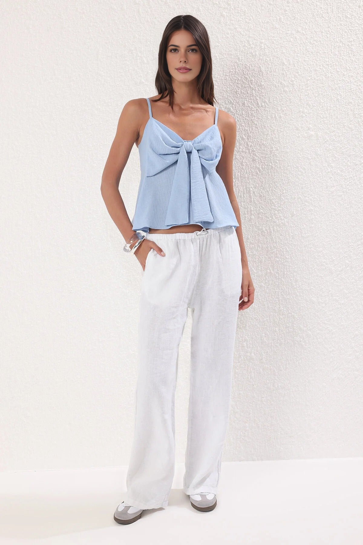 Linen-Look Woven Blouse with Bow Detail