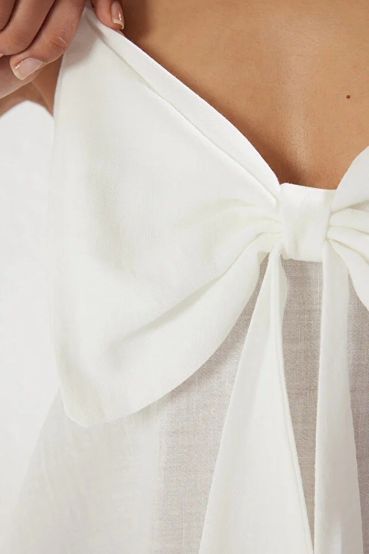 Linen-Look Woven Blouse with Bow Detail