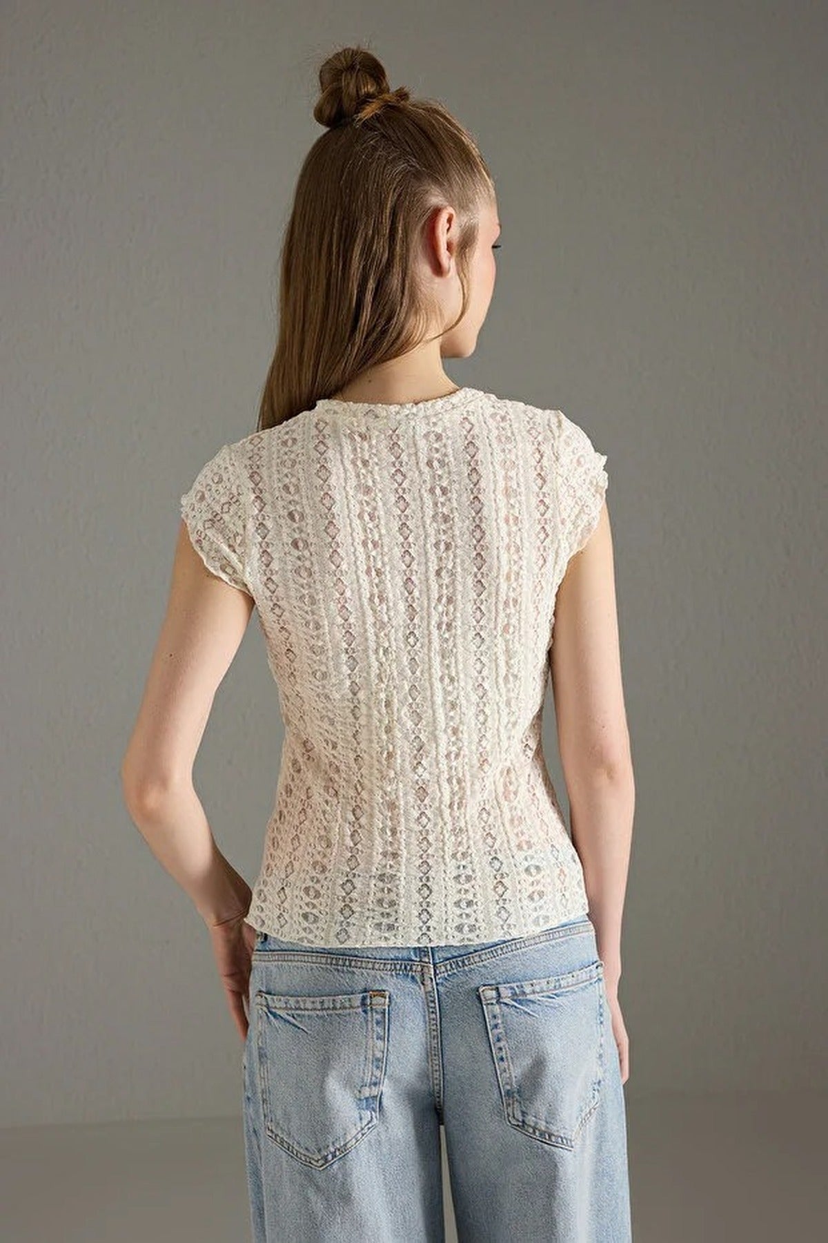 Lace Detail Fitted Moon Sleeve Knit Blouse