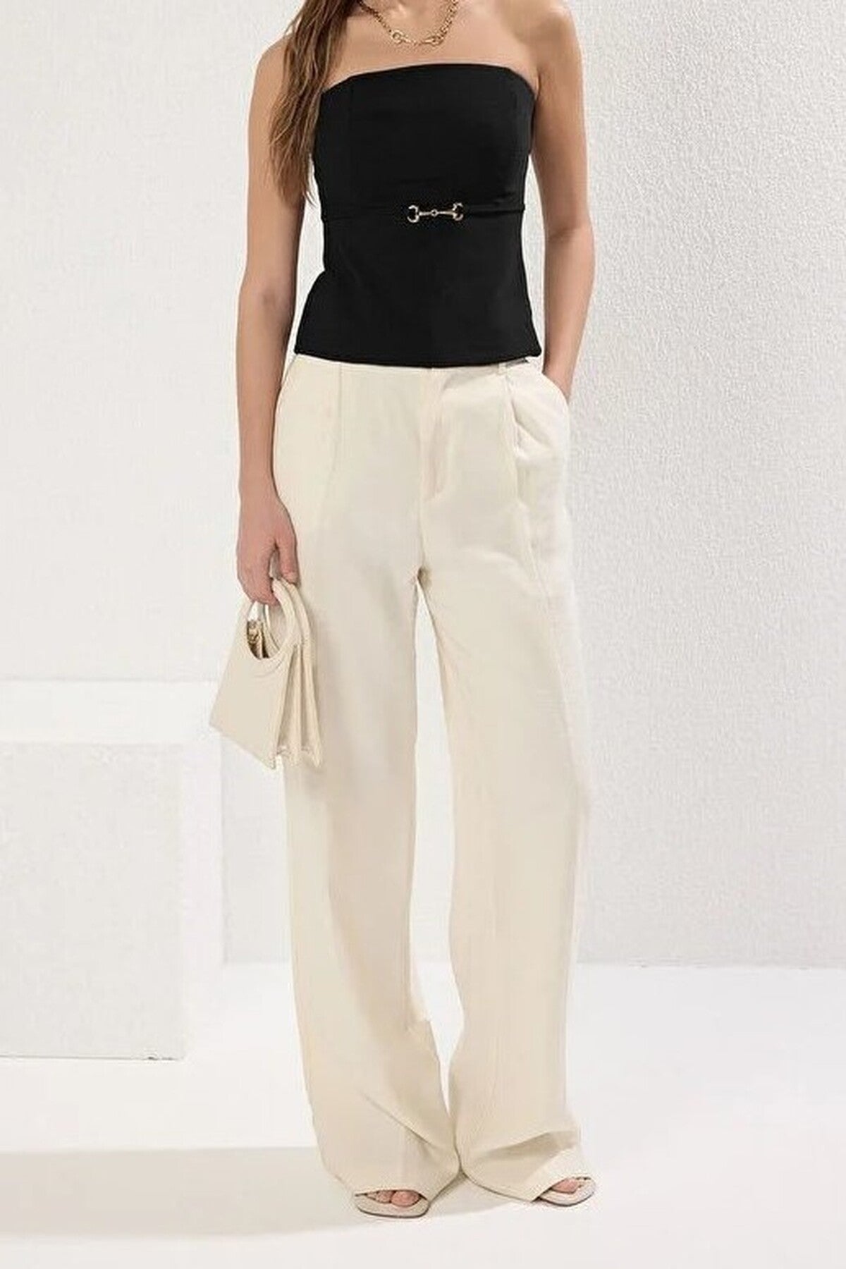 Strapless Fitted Woven Blouse with Thin Belt Detail