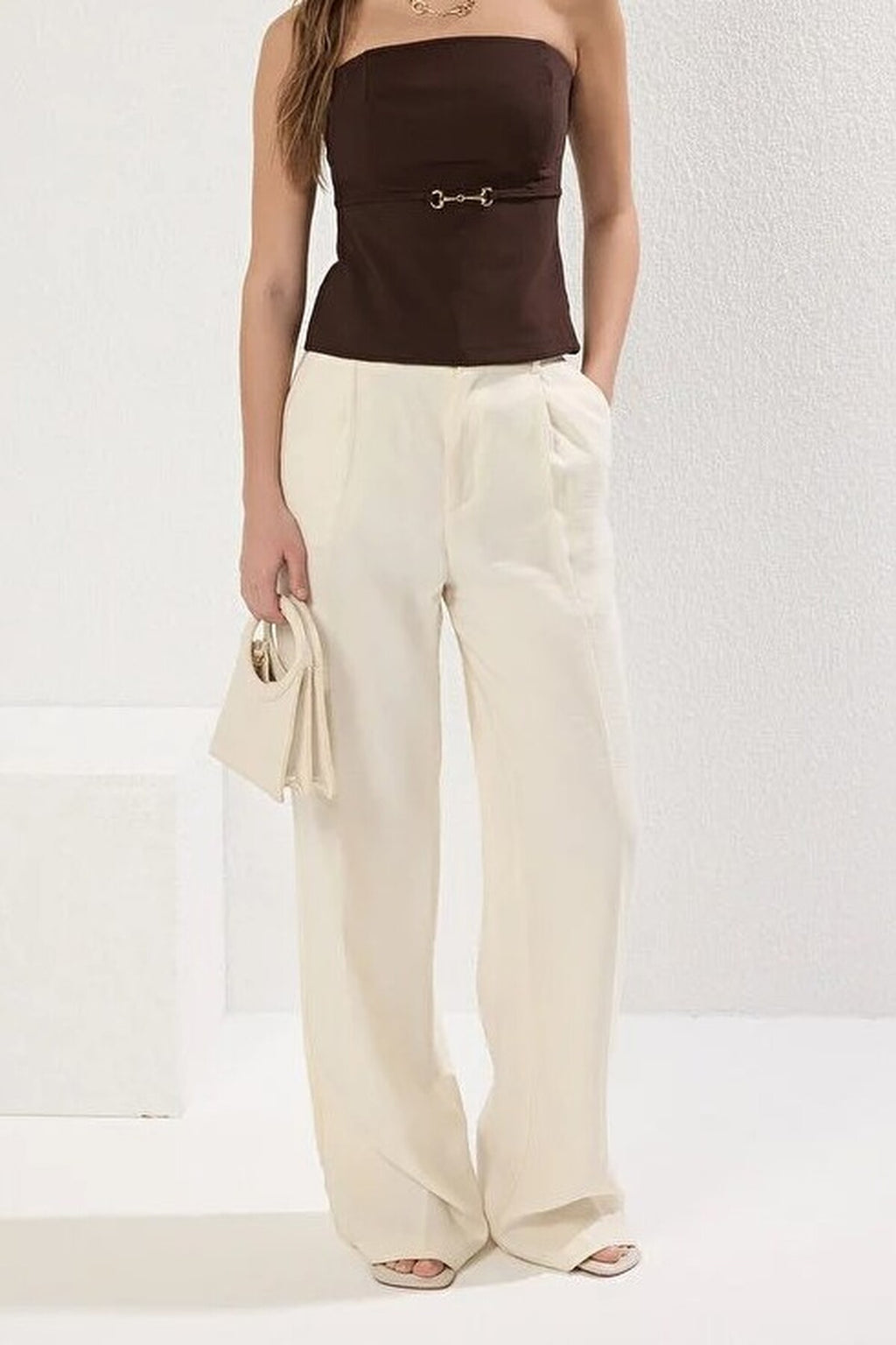 Strapless Fitted Woven Blouse with Thin Belt Detail
