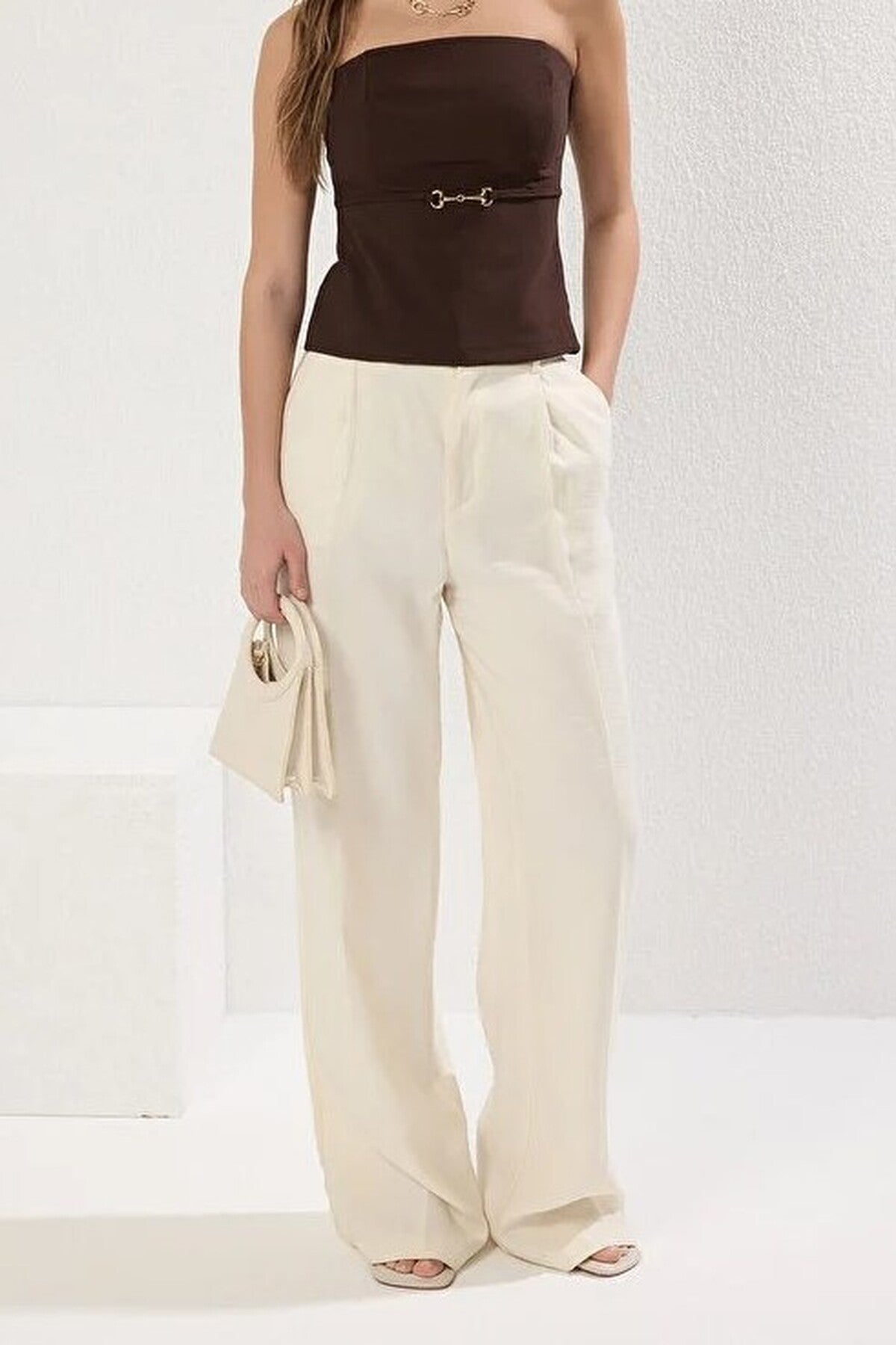 Strapless Fitted Woven Blouse with Thin Belt Detail