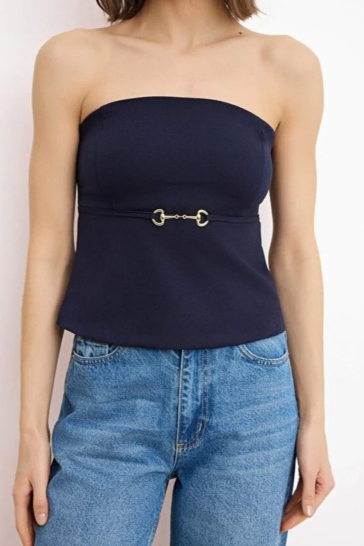 Strapless Fitted Woven Blouse with Thin Belt Detail