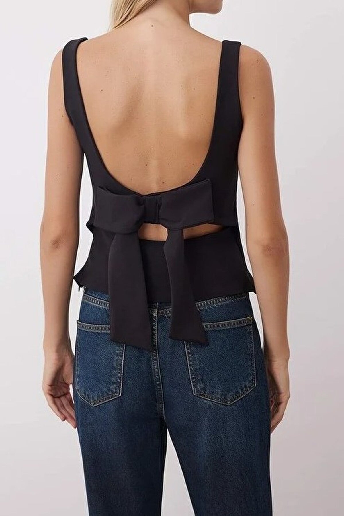 Woven Blouse with Fitted Straps and Back Bow Detail