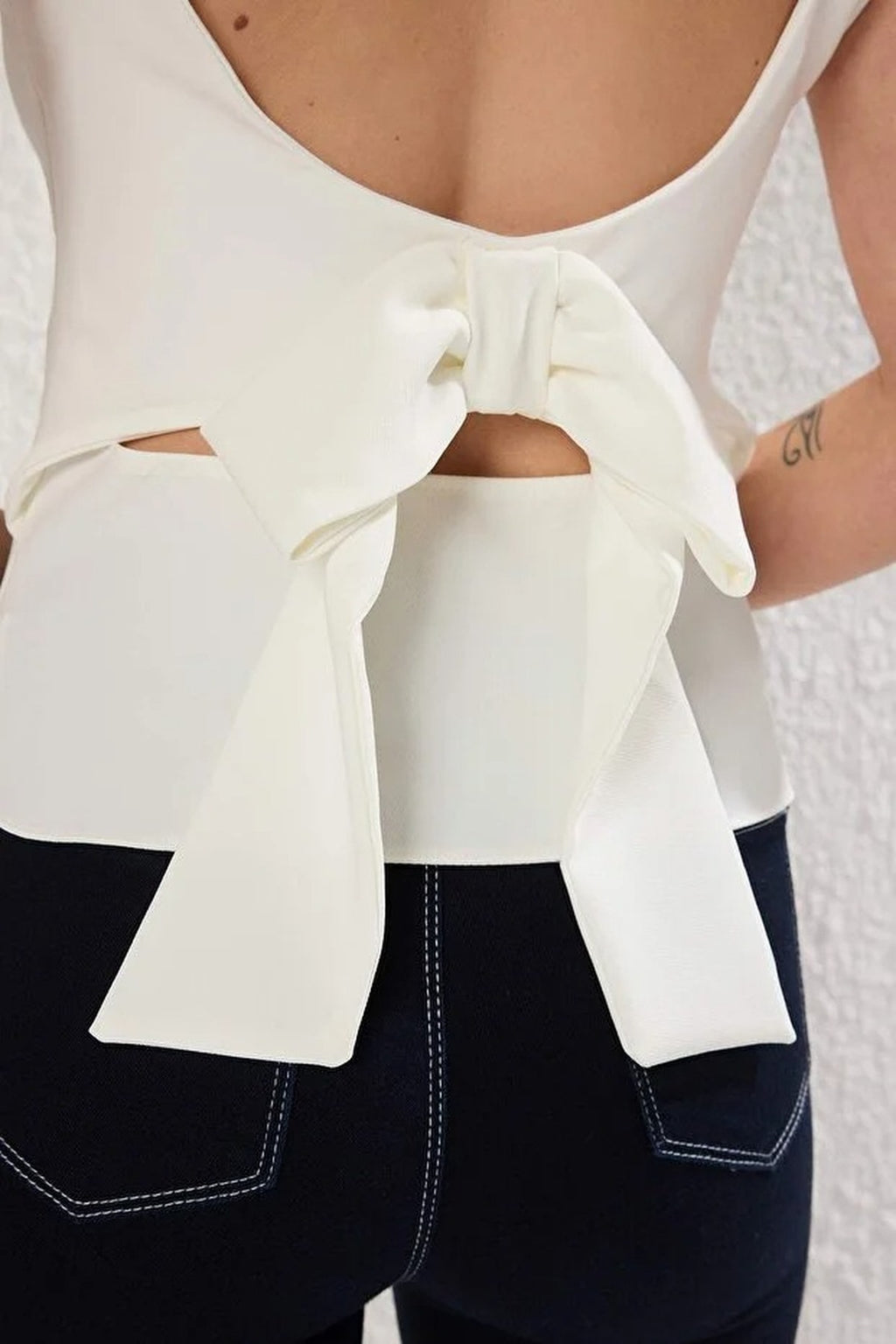 Woven Blouse with Fitted Straps and Back Bow Detail