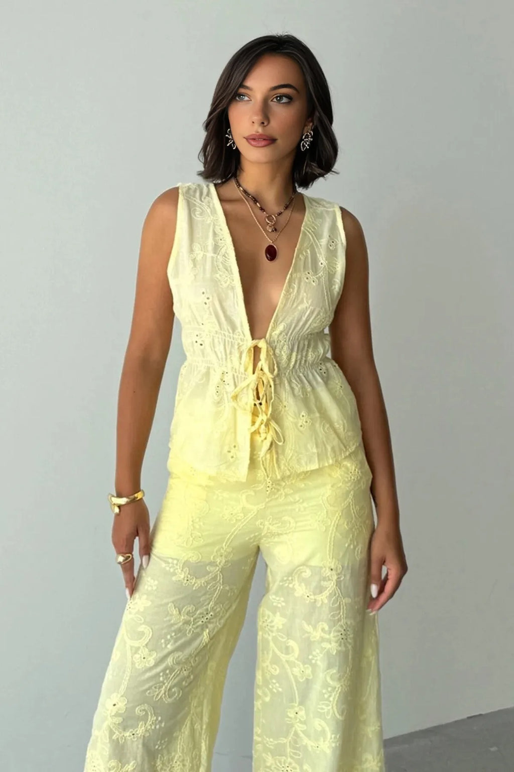 Embroidered Tie Front Blouse