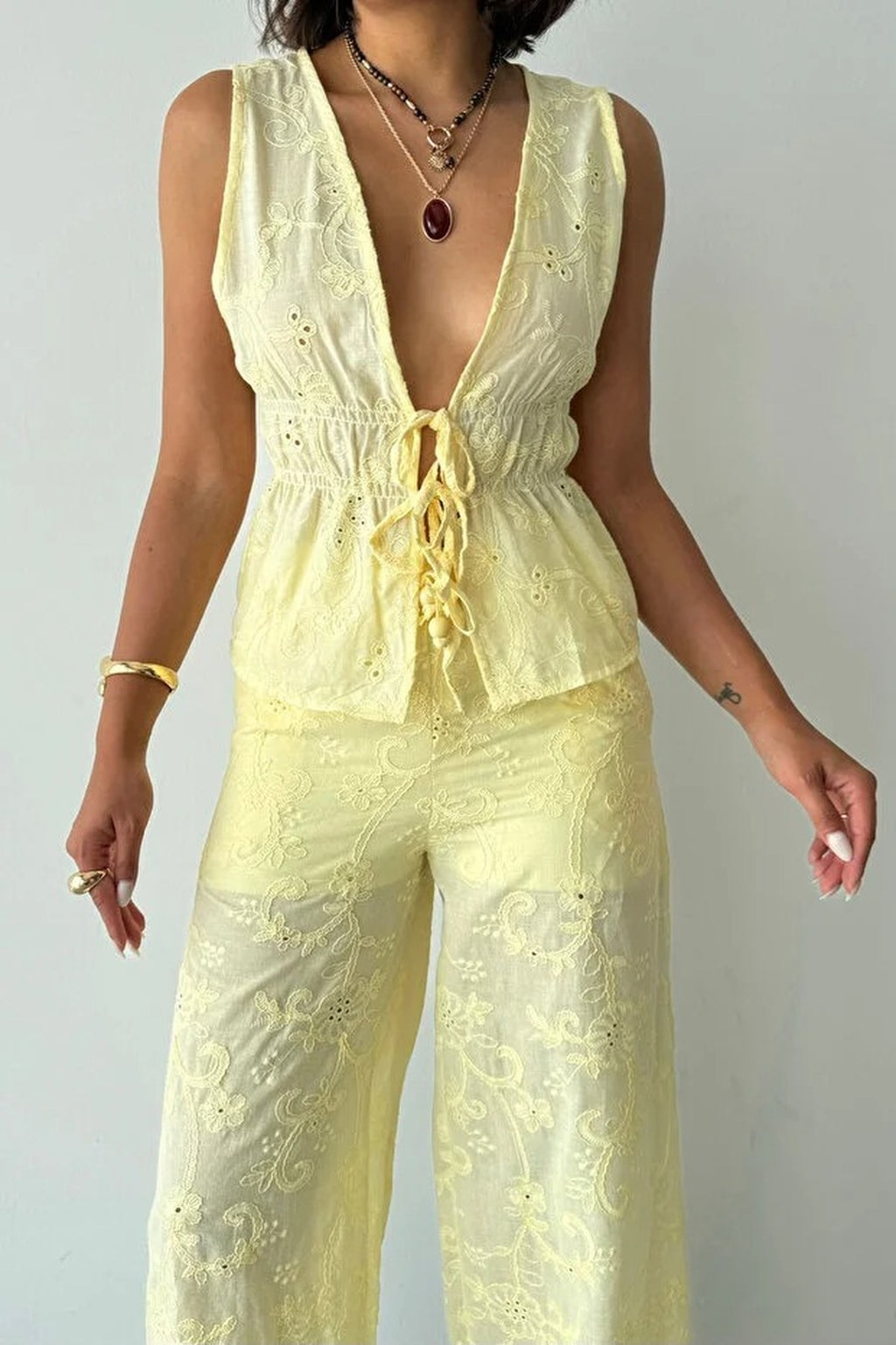 Embroidered Tie Front Blouse