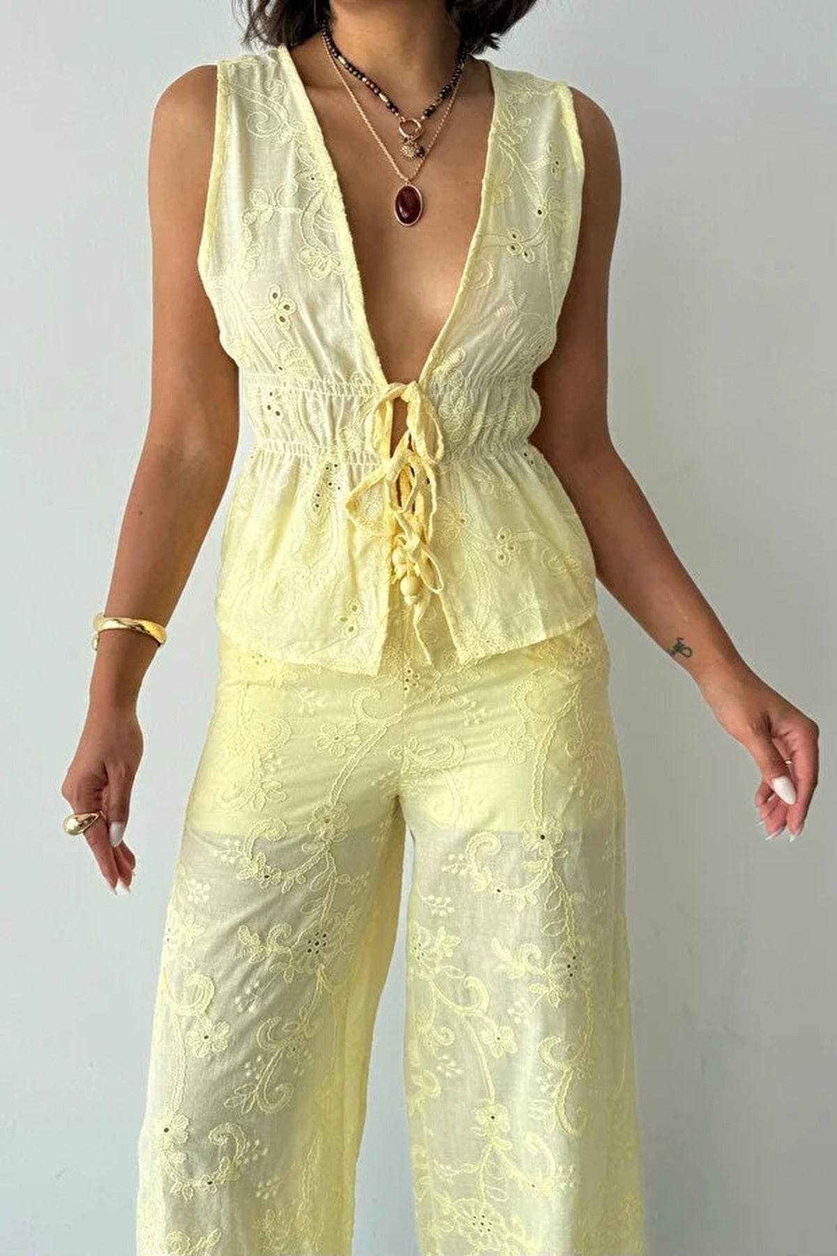 Embroidered Tie Front Blouse