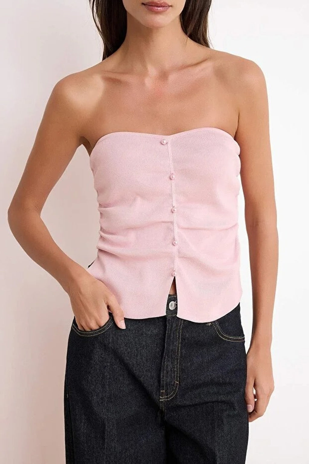 Pearl Embellished Strapless Fitted Knit Blouse