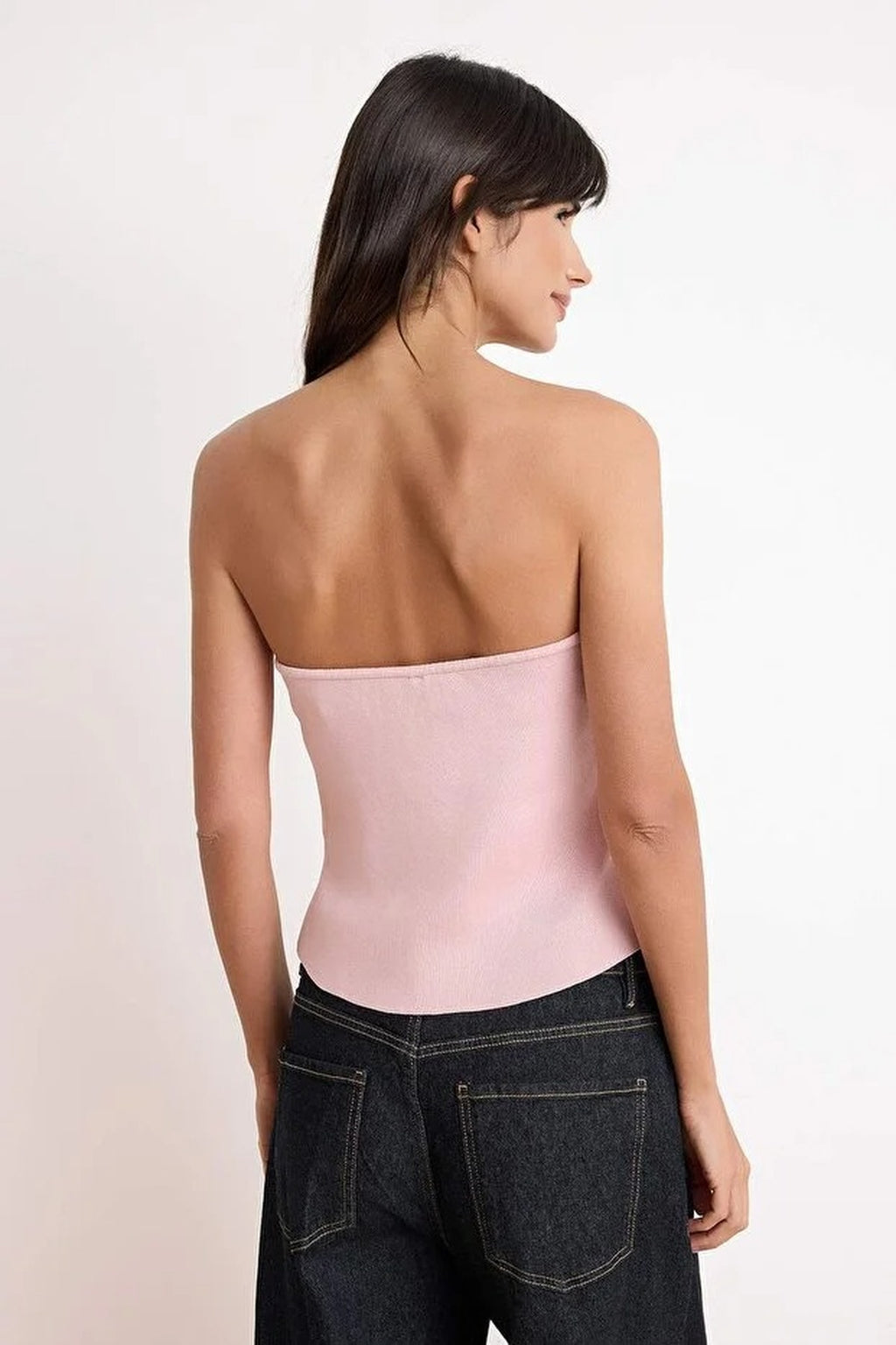 Pearl Embellished Strapless Fitted Knit Blouse
