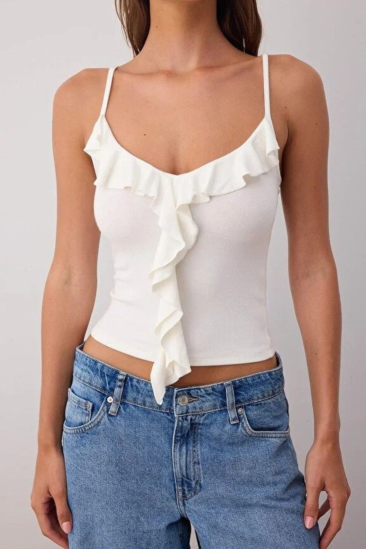 Strappy Ruffled Fitted Knitted Blouse