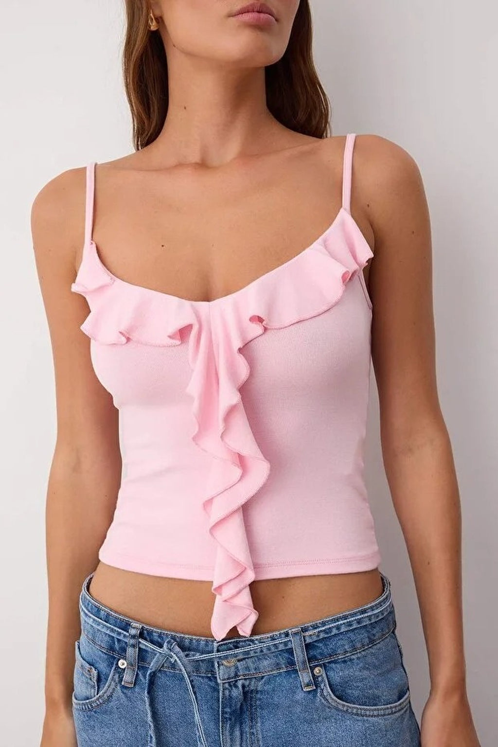 Strappy Ruffled Fitted Knitted Blouse