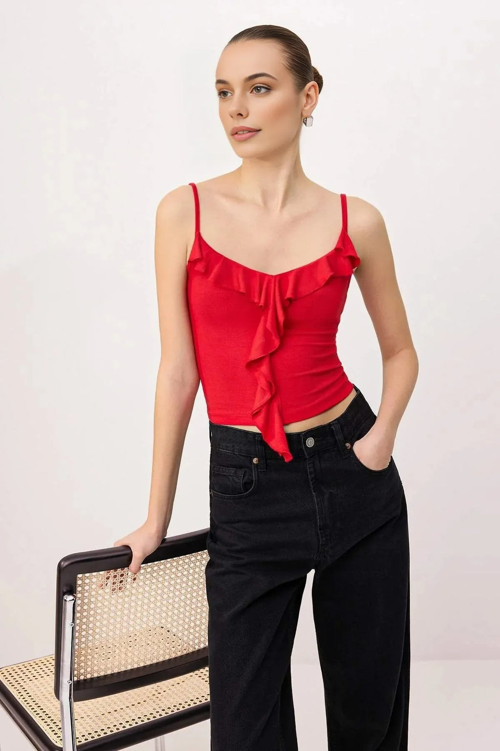 Strappy Ruffled Fitted Knitted Blouse