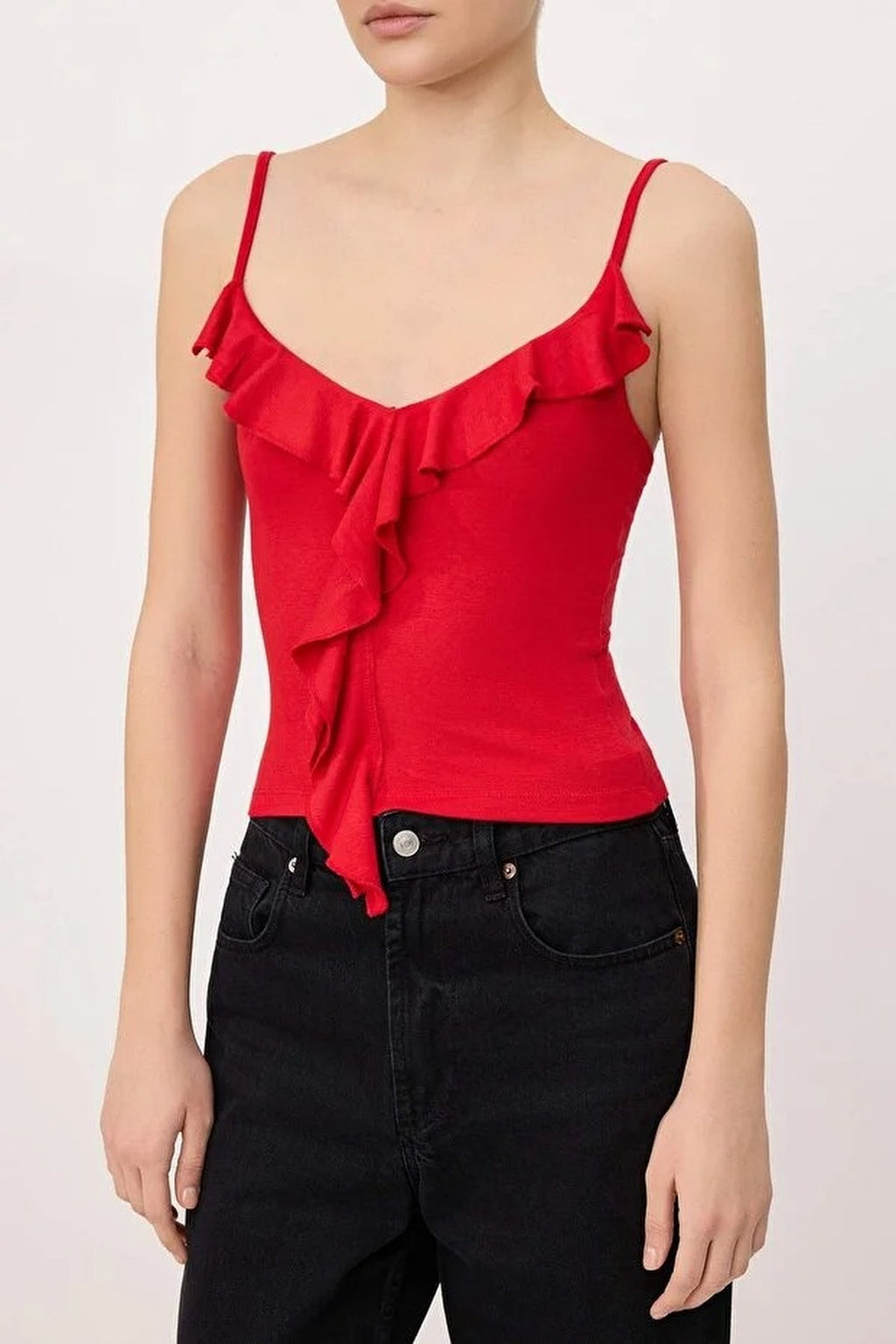 Strappy Ruffled Fitted Knitted Blouse