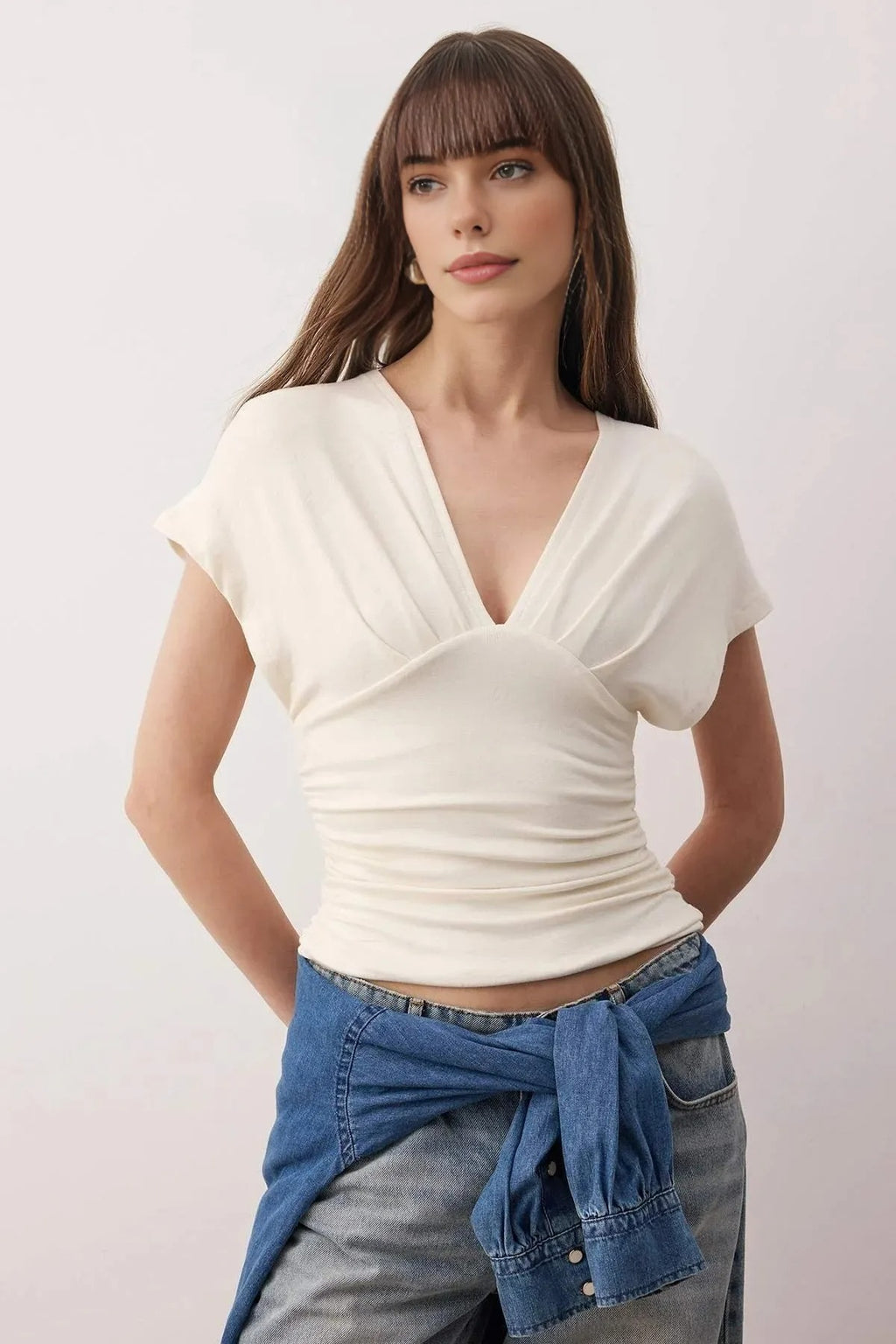 Fitted Gathered Detail Knitted Blouse