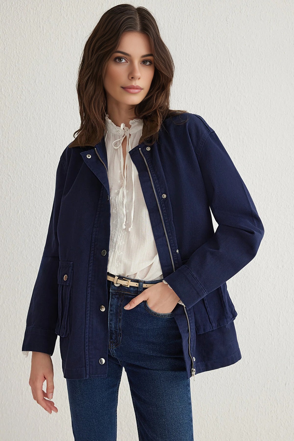 Contrast Suede Collar Oversize Denim Shirt Jacket