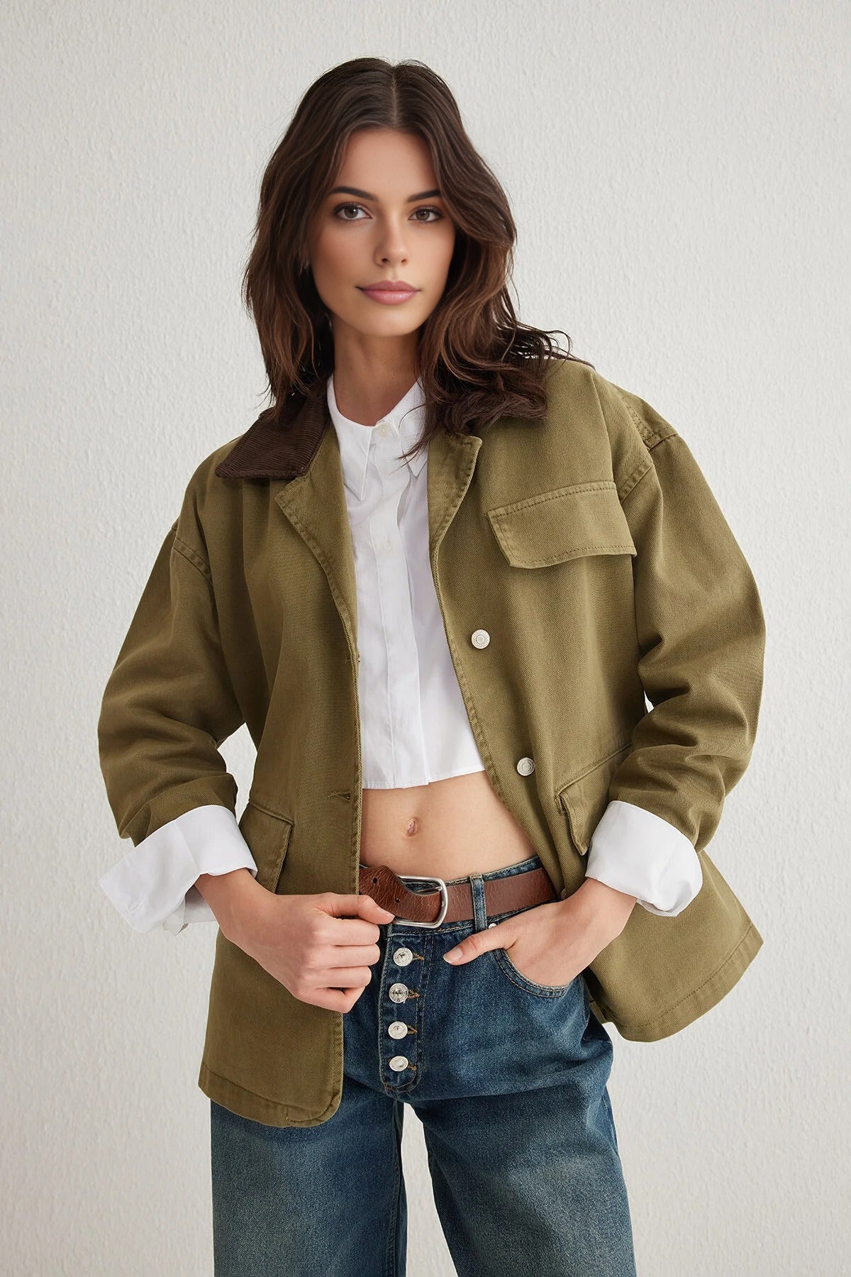 Ribbed Collar Oversize Denim Shirt Jacket with Pocket Flap Detail