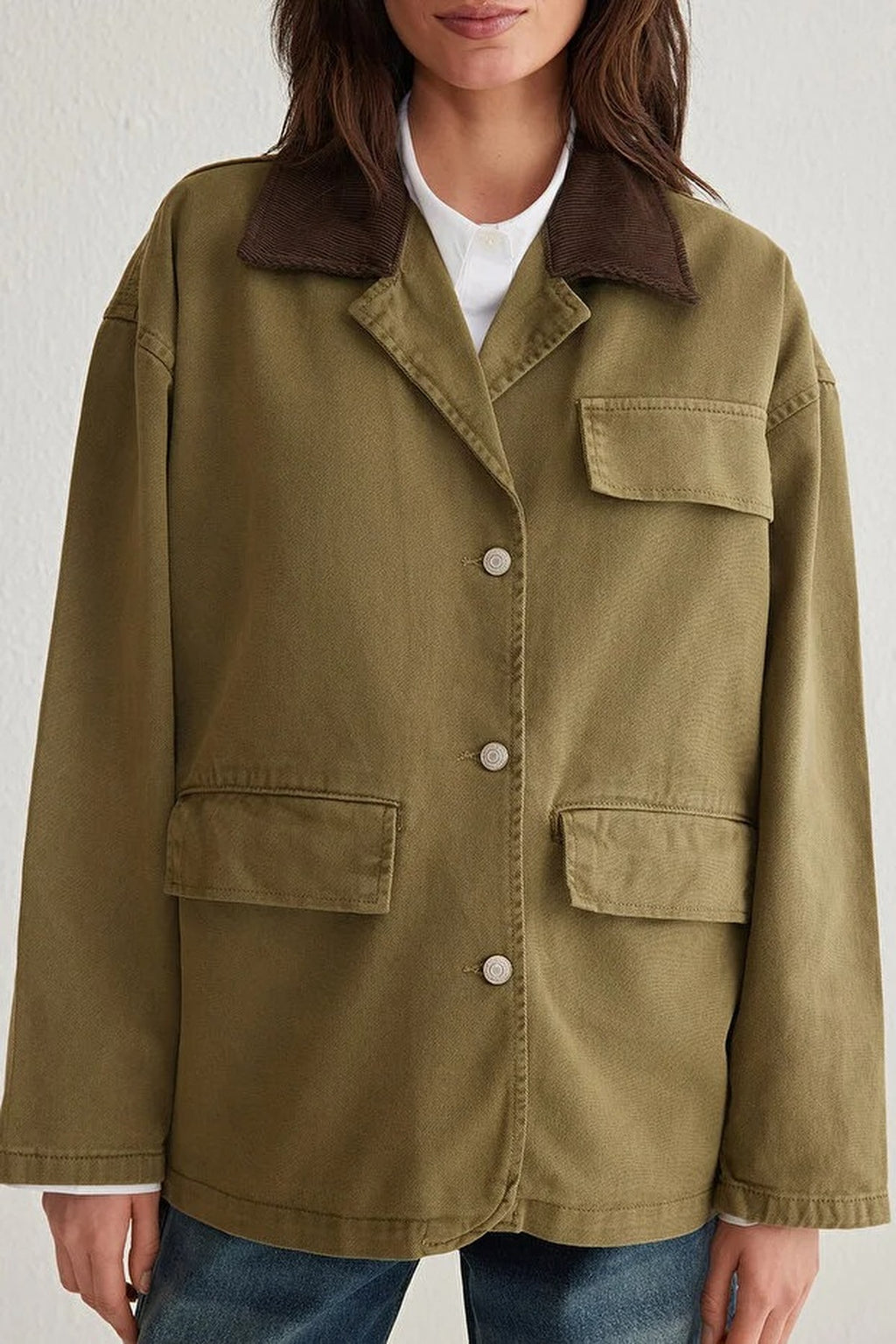 Ribbed Collar Oversize Denim Shirt Jacket with Pocket Flap Detail