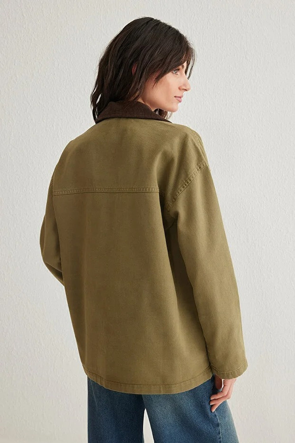 Ribbed Collar Oversize Denim Shirt Jacket with Pocket Flap Detail