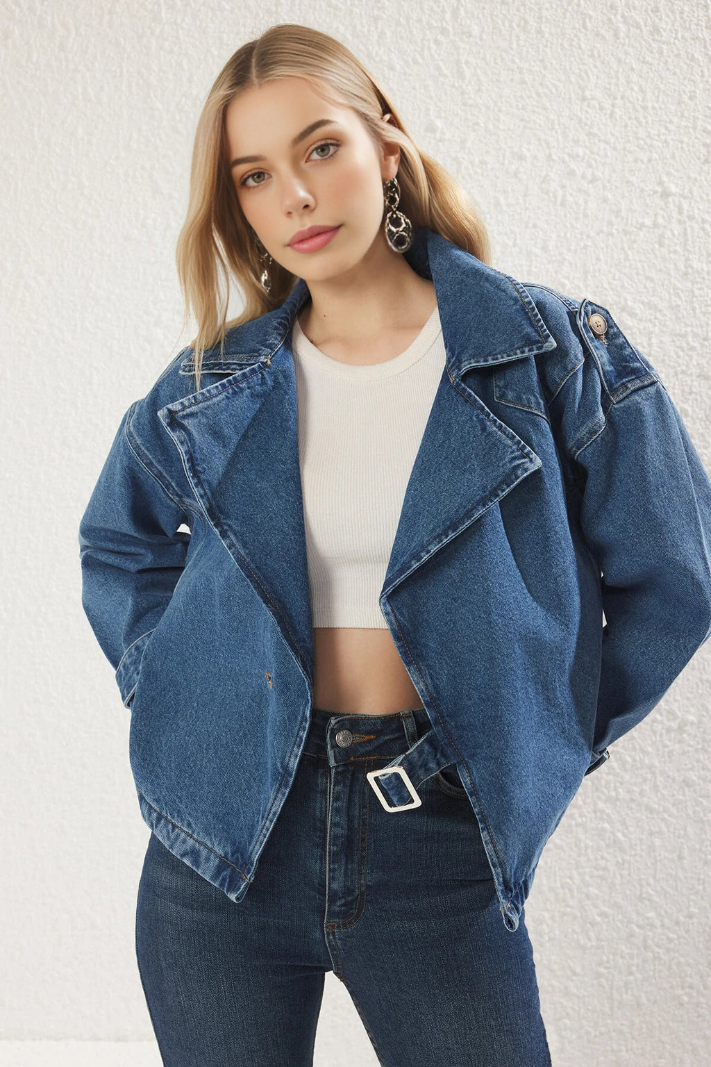 Double-Breasted Oversize Denim Blazer Jacket with Belt Buckle